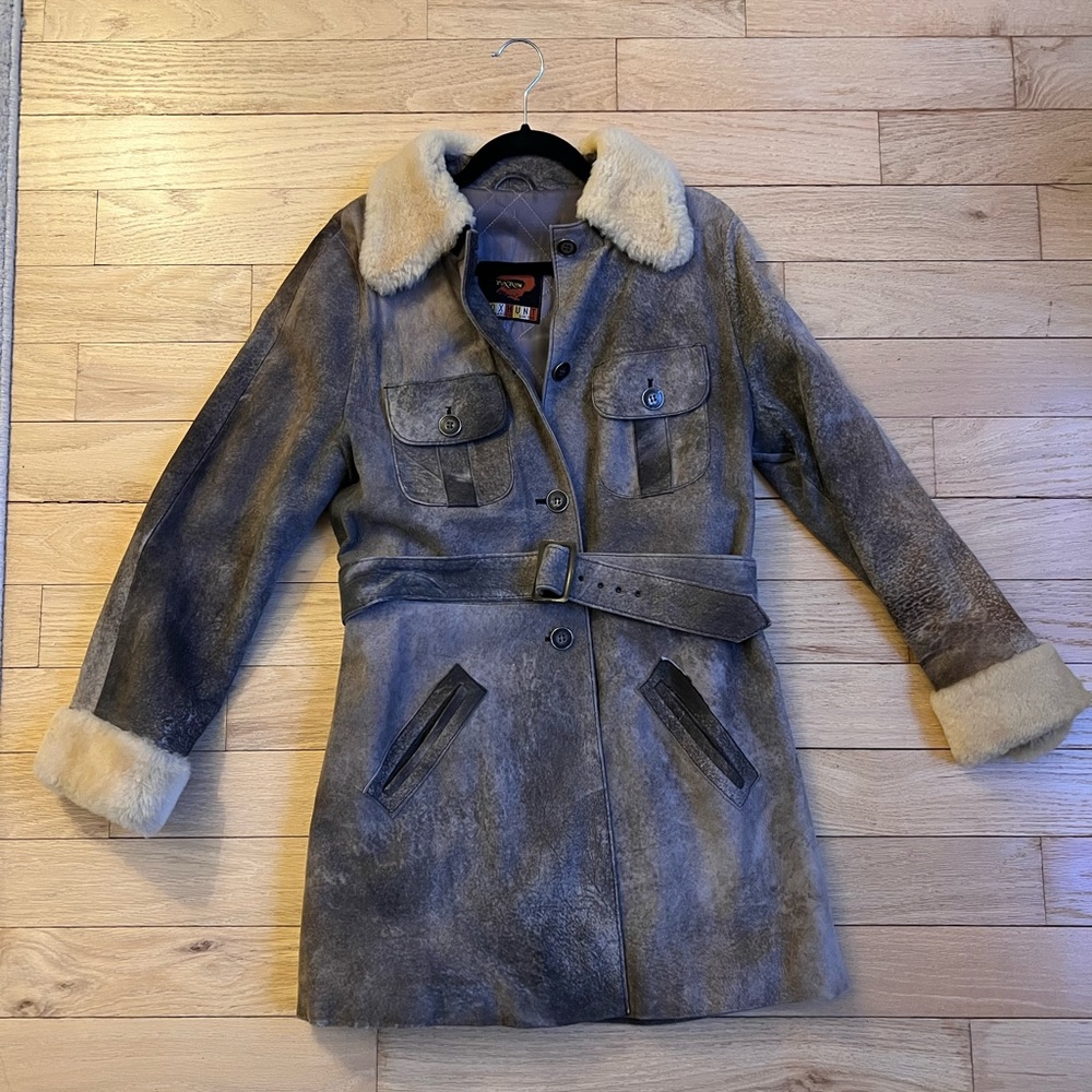 Vintage 70s Fox Run Genuine Suede Leather Shearling Belted Coat Jacket